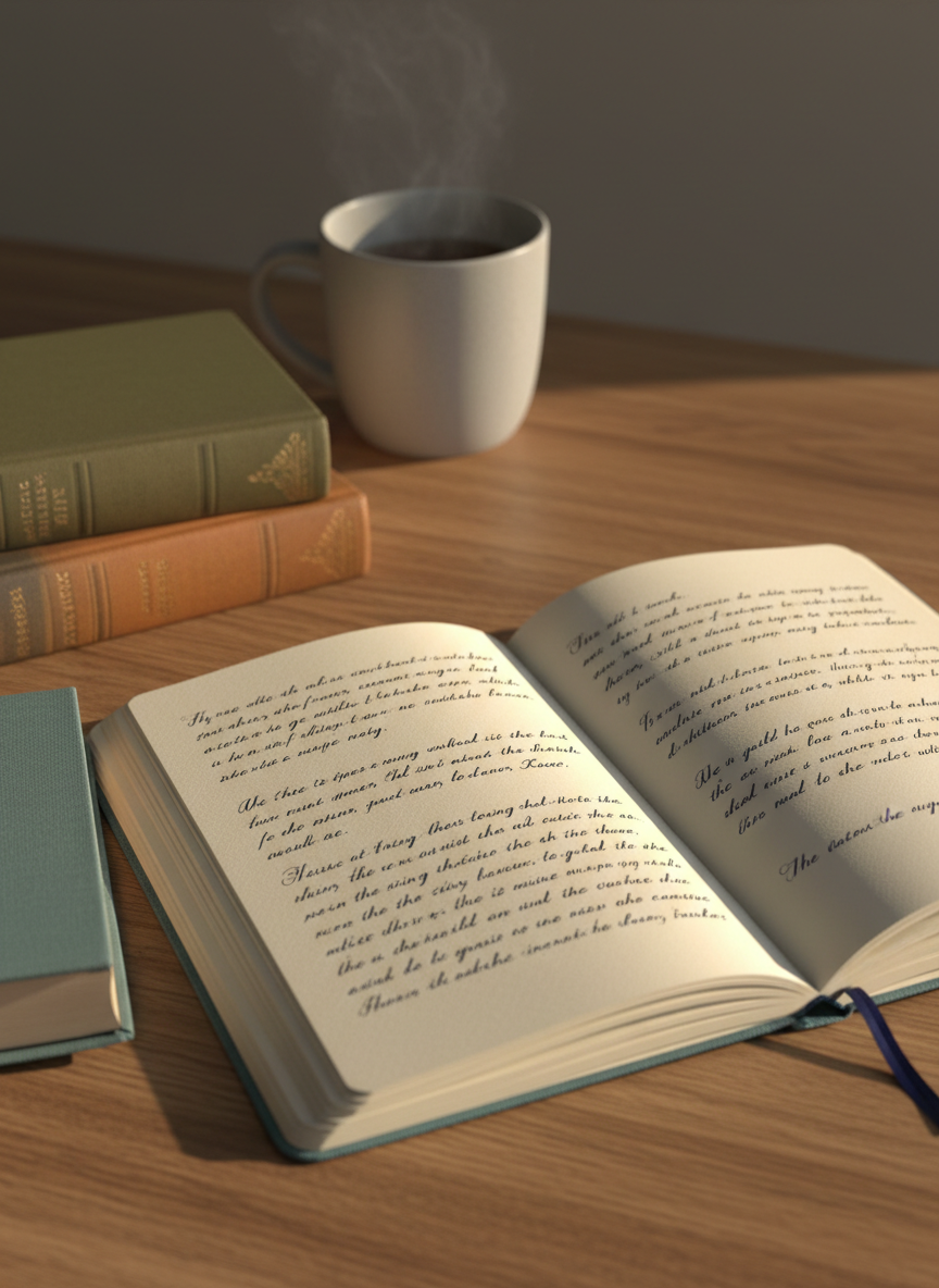 An open hardcover notebook with cream, slightly textured pages filled with flowing, neatly spaced creative writing in dark ink, positioned on a warm walnut table. Beside it, a closed notebook with a soft fabric cover in muted teal leans against a small stack of classic novels, their spines in subdued earth tones with elegant typography. A ceramic mug of tea, pale gray with a matte finish, sits just out of focus in the background. Late afternoon golden light pours in from the right, creating long, gentle shadows and a soft glow on the inked lines. Photographic realism, captured from a slightly overhead angle with shallow depth of field, conveys a reflective, imaginative mood, highlighting the creative writing side of the portfolio.